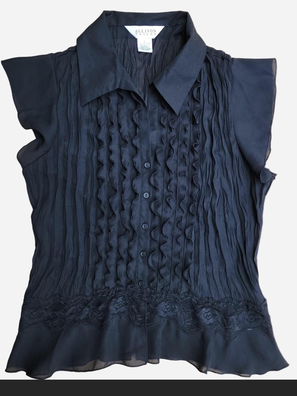 Allison Taylor Black Ruffle-Front Cap Sleeve Blouse - Large